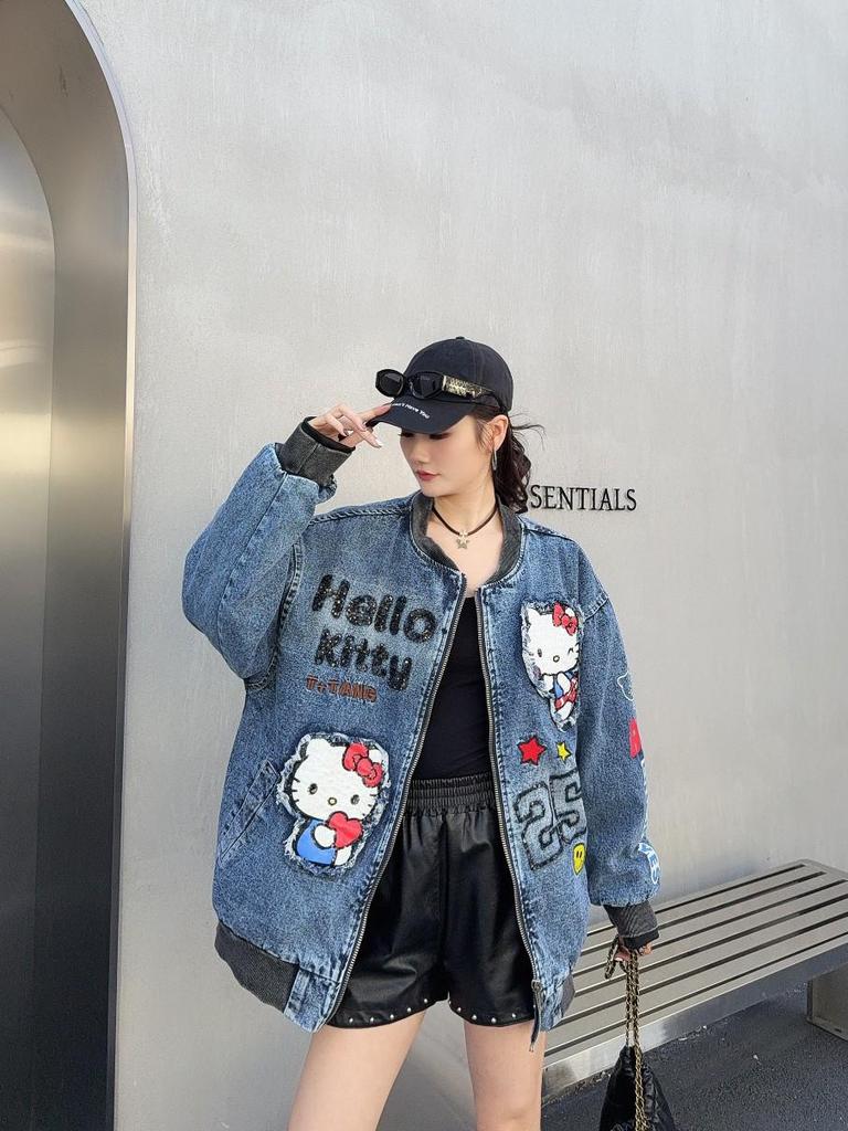 Женская модная европейская джинсовая парка со съемной подкладкой, мультяшной вышивкой и стеганой курткой в стиле бейсбольной