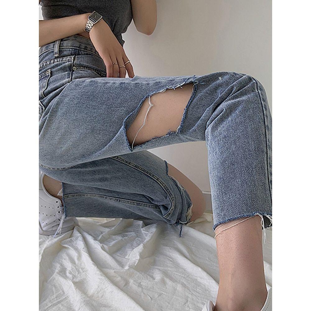 Модные рваные джинсы 2023 оверсайз для женщин и прямые брюки с высокой талией