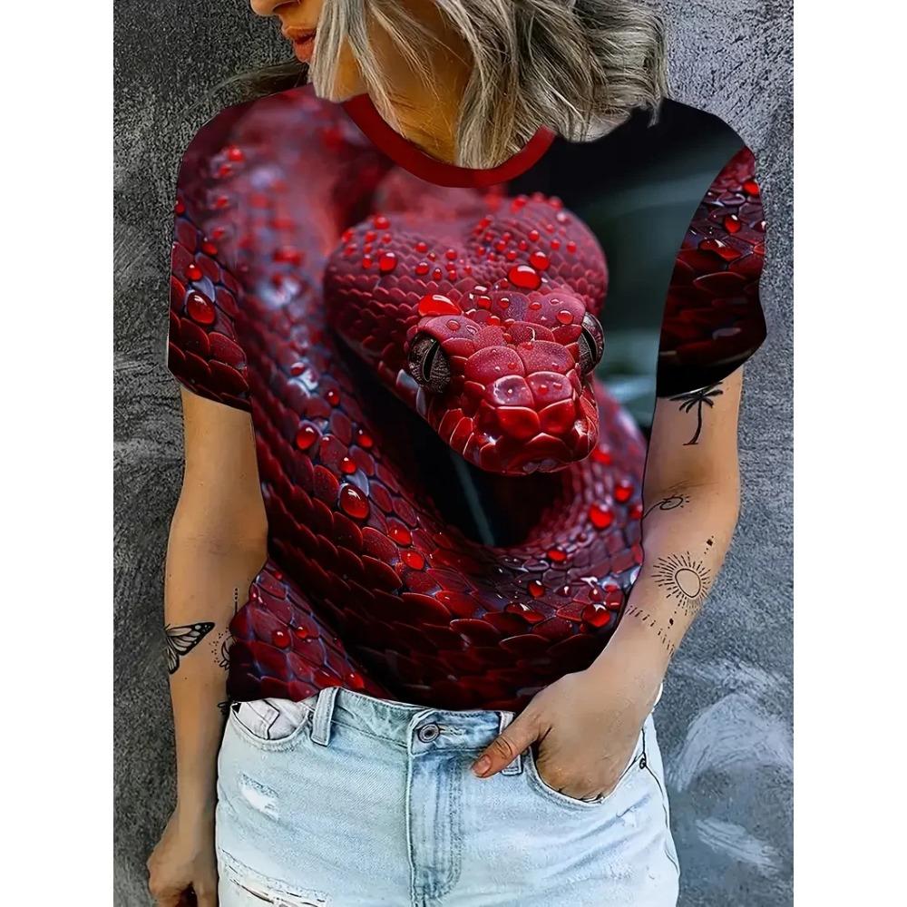 Fun Women's Plus Size T-shirt 3D Snake Print Summer Round Neck Short Sleeved Top Outdoor Casual T-shirt Women's Clothing