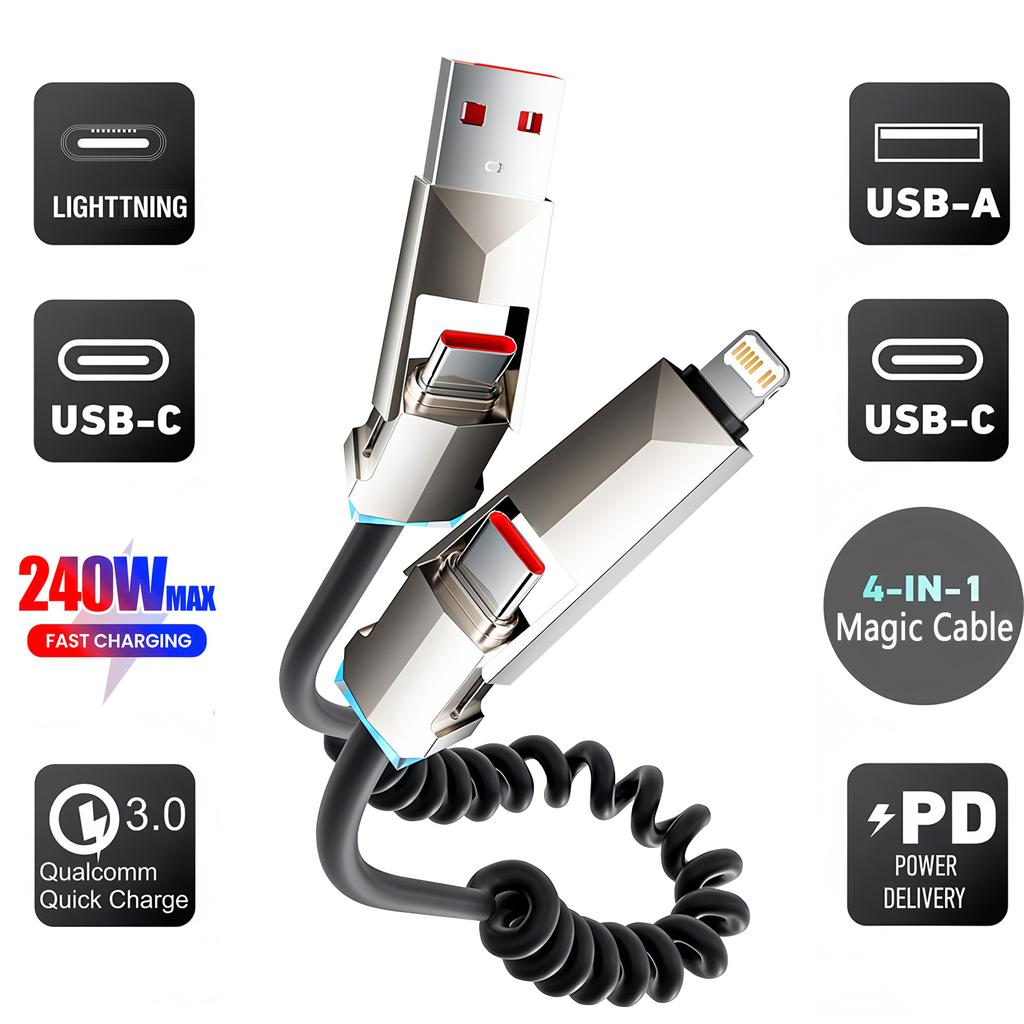 240 В 4 в 1 USB Type C Кабель для передачи данных Автомобильный USB Пружинный PD Кабель быстрой зарядки для iPhone 15 Samsung Xiaomi 14 Huawei Honor Data Wires