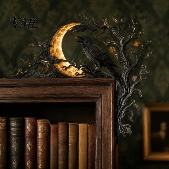 Creepy Branch Silhouette Halloween Raven Moon Door Corner Decor, Spooky Dead?Tree Crow Wall Hanging Dark Academia Room Decor Ornament, Mystical