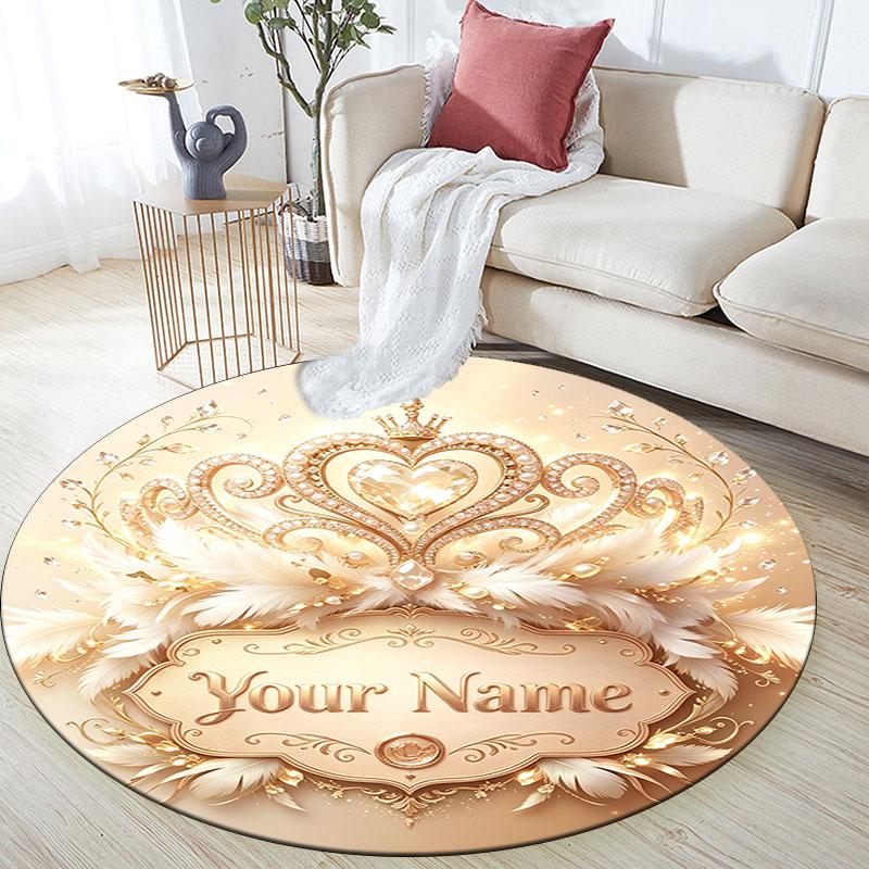 Custom Name,Elegant Crown Feather Series pattern round rug,Carpet Rug for Living Room Bedroom Playroom ,Non-slip Floor Mat,Holiday Gifts and Birthday