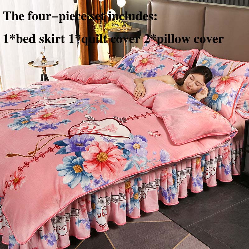 Костюм из четырех частей из молочного бархата плюс утепленное бархатное мягкое приятное для кожи постельное белье. Двусторонняя бархатная юбка-кровать устойчива к грязной зиме.