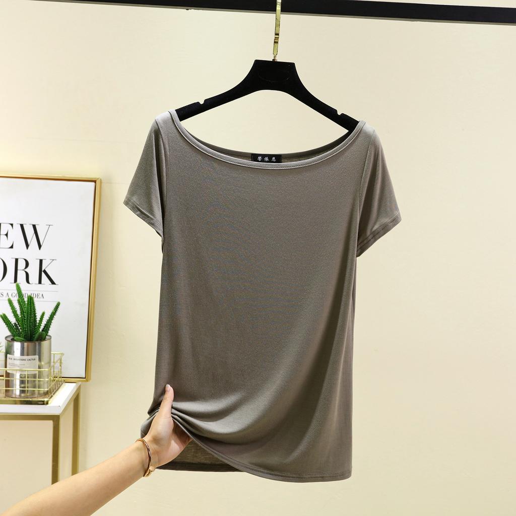 Модал с короткими рукавами и открытой спиной Футболки женские лодочки с открытыми плечами Футболка Однотонный цвет Свободный базовый слой Топ Большие размеры простые Майки