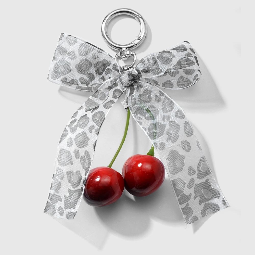 Leopard Pattern Cherry Pendant Mesh Pearl Bow Pendant Ribbon Bow Keychain  Bag Ornaments