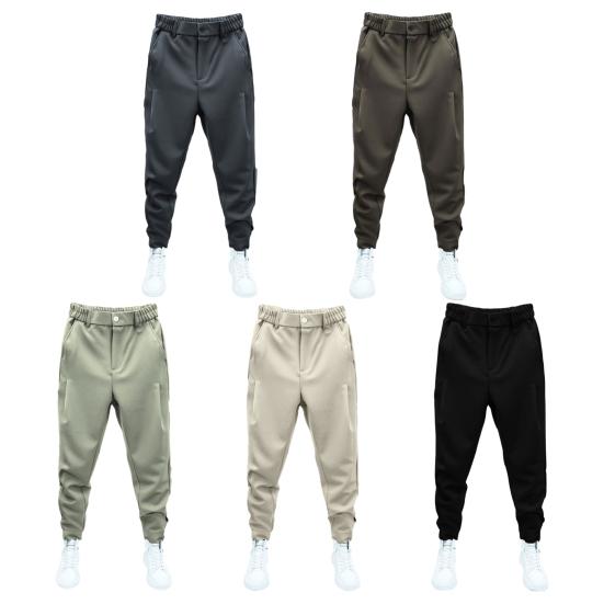 Men Casual Pants Elastic Waist Button Fly Long Pants Pockets Solid Color Fastener Tape Cuffs Tennis Sports Style Trousers