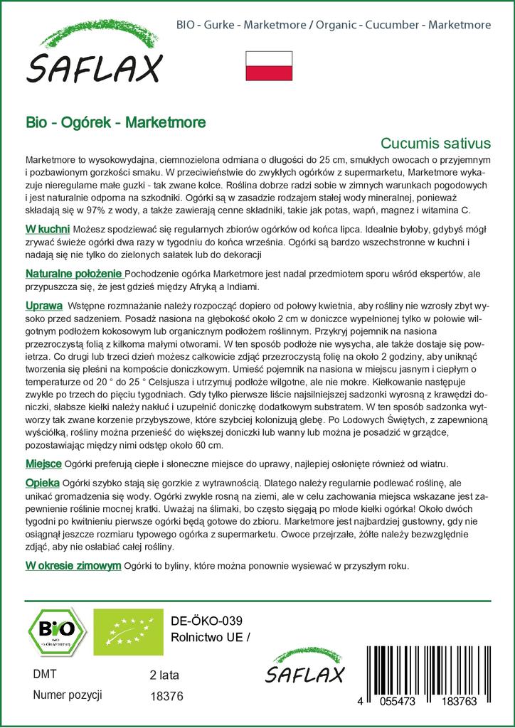 SAFLAX Garden in the Bag - Органический - Огурец - Marketmore - 20 семян - С субстратом в подходящем стоячем пакете - Cucumis sativus