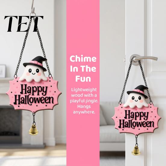 Decorative Skull Doorbell Halloween Cute Witch Hat Ghost Door Sign, Wooden Hanging Decoration, Pink Sign Pendants for Indoor Outdoor Home Wall