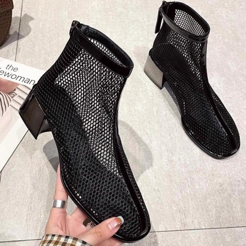 Fashion Black Mesh Hollow Short Boots Women's 2024 New Summer Thin Section Breathable Thick Heel Boots Women's High-top Sandals 35-40