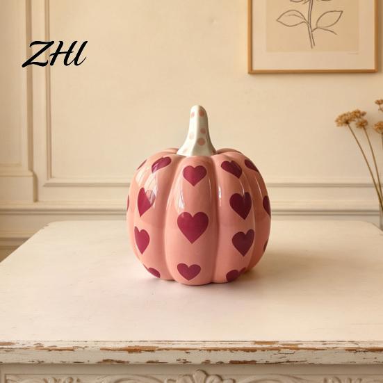 Valentine Day Home Decor Pink Ceramic Pumpkin with Heart Pattern, Artificial Figurine, Figurine Set Fall Tabletop Ornaments for Harvest, Thanksgiving,