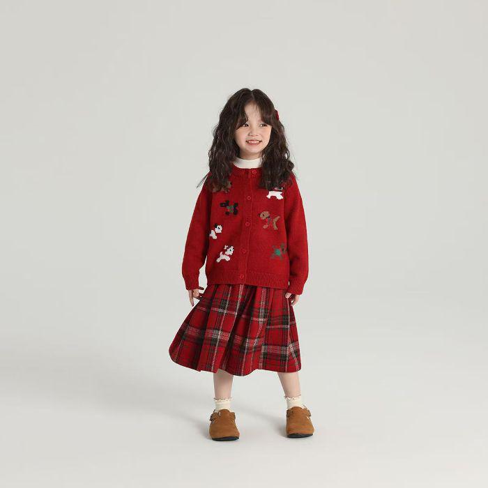 Праздничный красный мультяшный кардиган для девочек - Осеннее вязаное пальто-свитер.