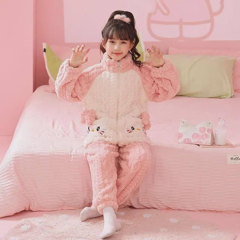 Пижама из кораллового флиса для девочек осень/зима - милый мультяшный рисунок, на молнии, воротник-стойка, размеры от маленьких до средних