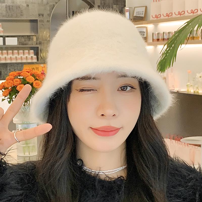 Autumn Winter Big Head Circumference Rabbit Hair Bucket Knitted Hat Women's Korean Velvet Basin Hats Warm Caps