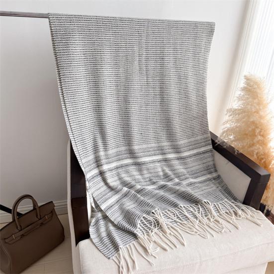 Women Scarf Striped Print Long Scarf Shawl with Tassel Trim Versatile Design Comfortable Shawl Wrap Fashion Accessories