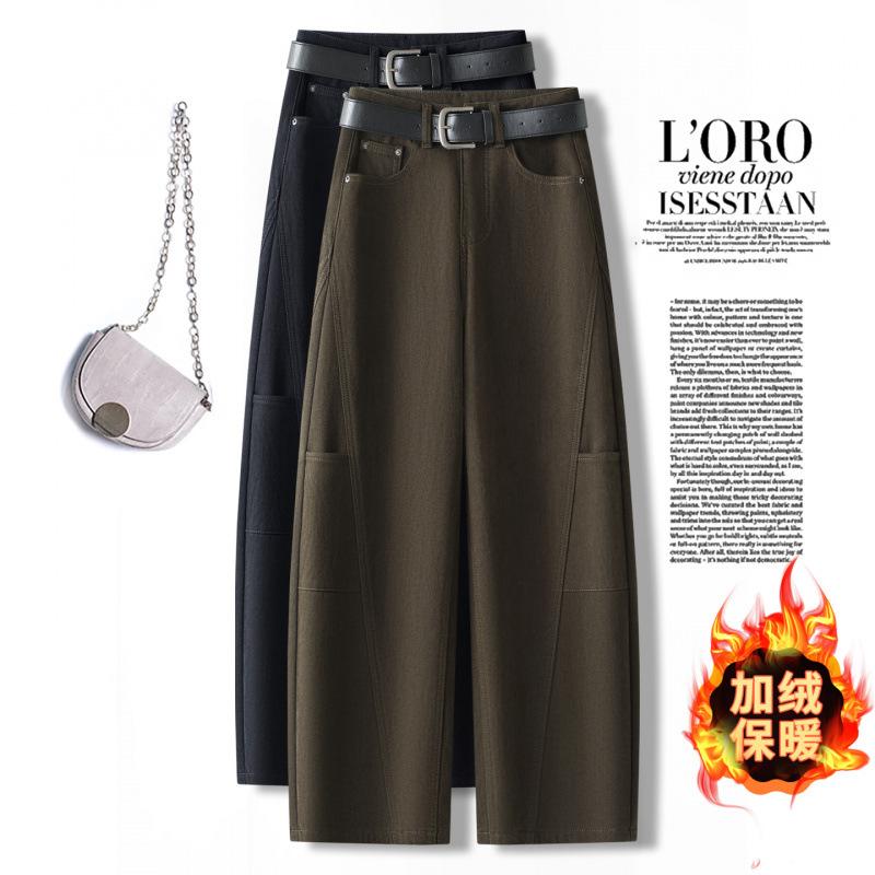 Army green velvet scimitar jeans women's winter new high-waisted loose and thin wide-leg pants thickened trousers