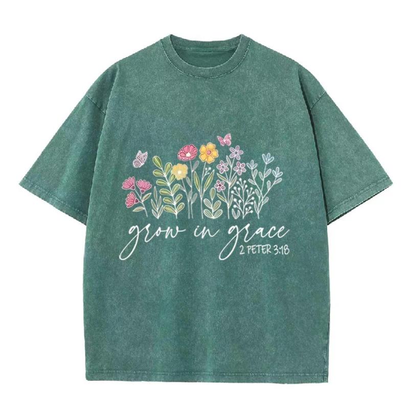 Retro Christian Faith T Shirt Grow In Grace Floral Washed Casual Short Sleeve