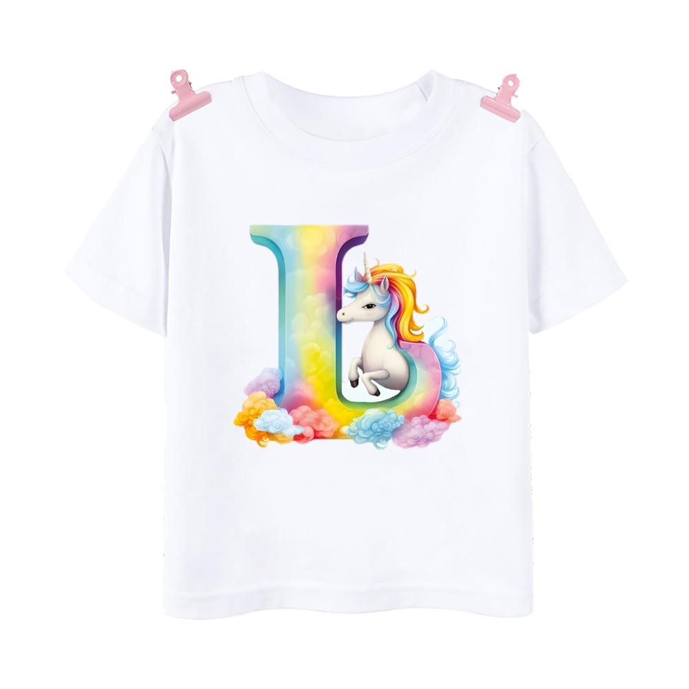 Футболка с принтом Unicorn Rainbow Initial AZ для детей, летняя футболка для мальчиков и девочек, топы с коротким рукавом, милая одежда для малышей, футболка