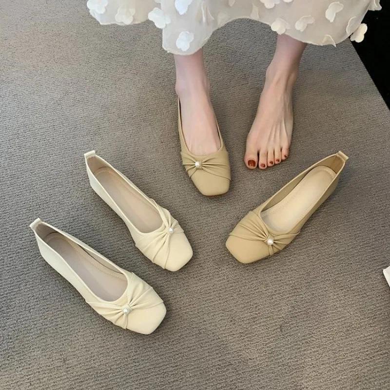Мода 2025 Женские Новые Мэри Джейн на Плоской Подошве Французские Элегантные и Удобные Одинарные Туфли с Жемчужным Бантом