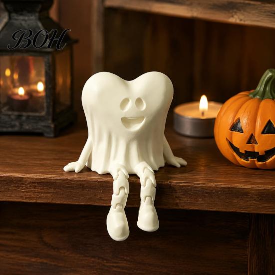 Desktop Halloween Decorations 3D Printed Heart-Shaped Ghost Figurine with Movable Joints, Sitting Dangling Leg Home Decor Statue, Matte White