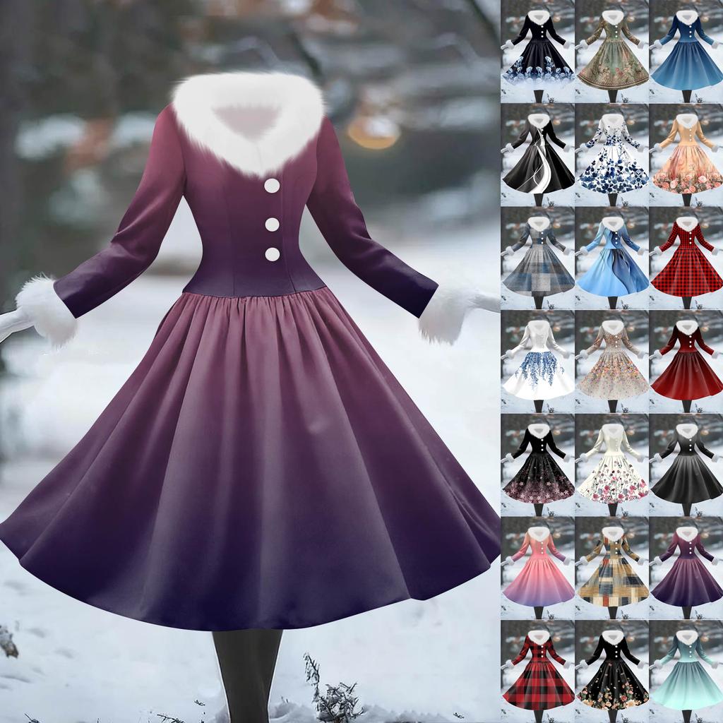 Women's Casual Dress Long-Sleeve V-Neck Patchwork Fleece Christmas Print Dress