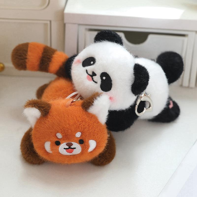 12cm Lying Cute Panda & Red Panda Plush Pendant Stuffed Kawaii Cartoon Zoo Animal Small Keychain Decor for Bag Gift