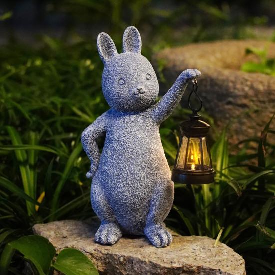 Садовая статуя кролика со светодиодной лампой IP44, водонепроницаемая, с автоматическим включением/выключением, лампа на солнечной энергии, полимерная скульптура кролика, украшение для газона