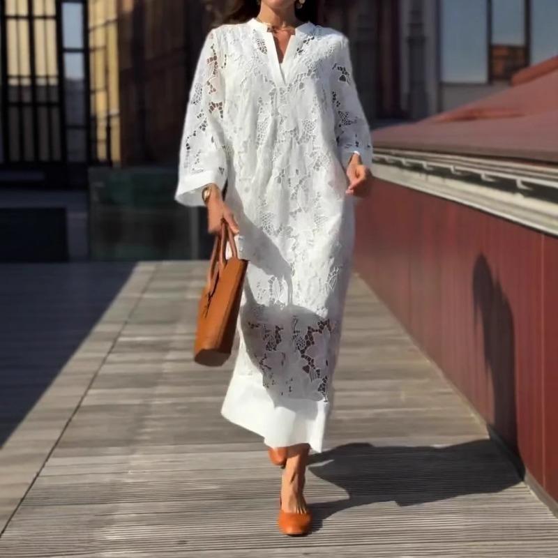 Женское повседневное свободное кружевное платье с V-образным вырезом