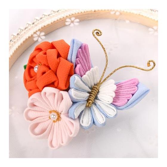 [OTAKUMARKET] Заколка для волос в технике Цумами Зайку для Кимоно, Юкаты, Церемонии совершеннолетия, Выпускного, Сити-Го-Сан - 4 типа (C Оранжевый x Розовый x