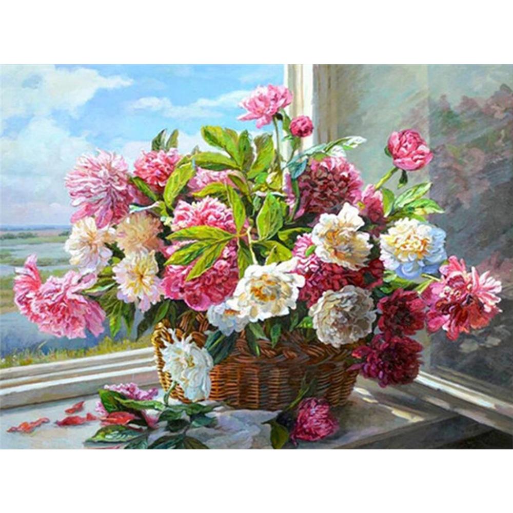 5D DIY Алмазная картина Цветочная мозаика Окно Полный дрель Алмазная вышивка Ремесленный комплект Изображение Горный хрусталь Домашний декор