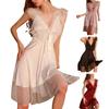 Women Nightdress V Neck Lace Ruffle Double-layered Bow-decor Sleeveless Solid Color Mesh Satin Backless Knee Length Lady Nightgown
