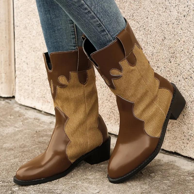 Women's Mid-Calf Boots Winter New Fashion Slip-on Shoes for Female Square Heel Med Heel Women Shoes Patchwork Ladies Boots