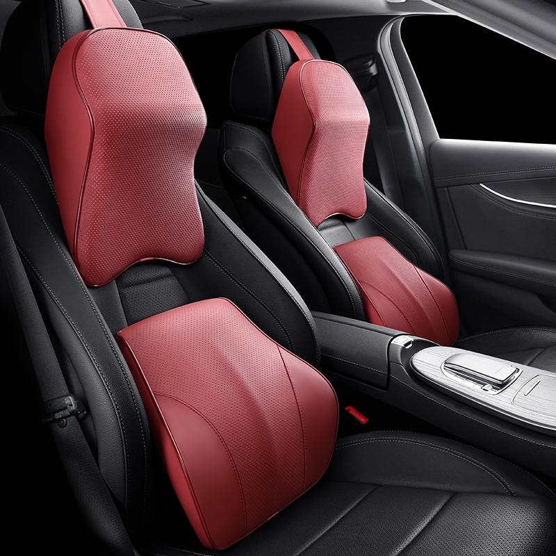 Napa Leather Car Neck Pillow Memory Foam Auto Rear Seat Back Headrest Lumbar Supports Travel Cushion Cover Auto