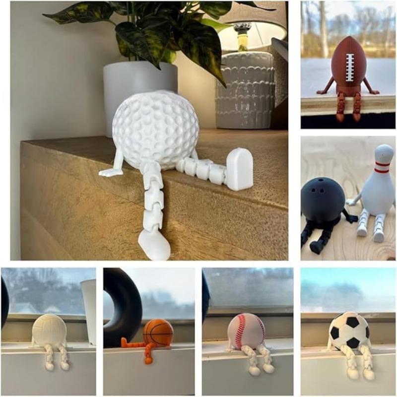 Sports Ball Figurine Collection,Miniatures Ball Sports Set with Articulated Leg, Funny 3D Printed Golf,Basketball,Soccer Desktop Decor,Office Desk