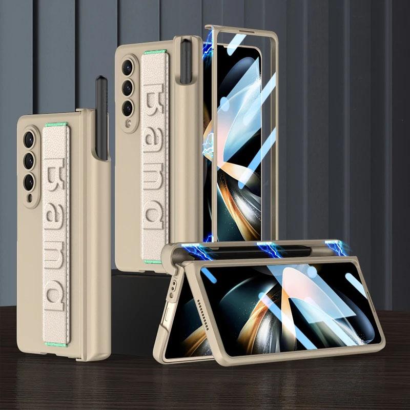 With Wrist Strap Pen Holder Case for Samsung Galaxy Z Fold 7 6 5 4 Cover with Screen Glass Pen Slot Hard for Galaxy Z Fold3 Case