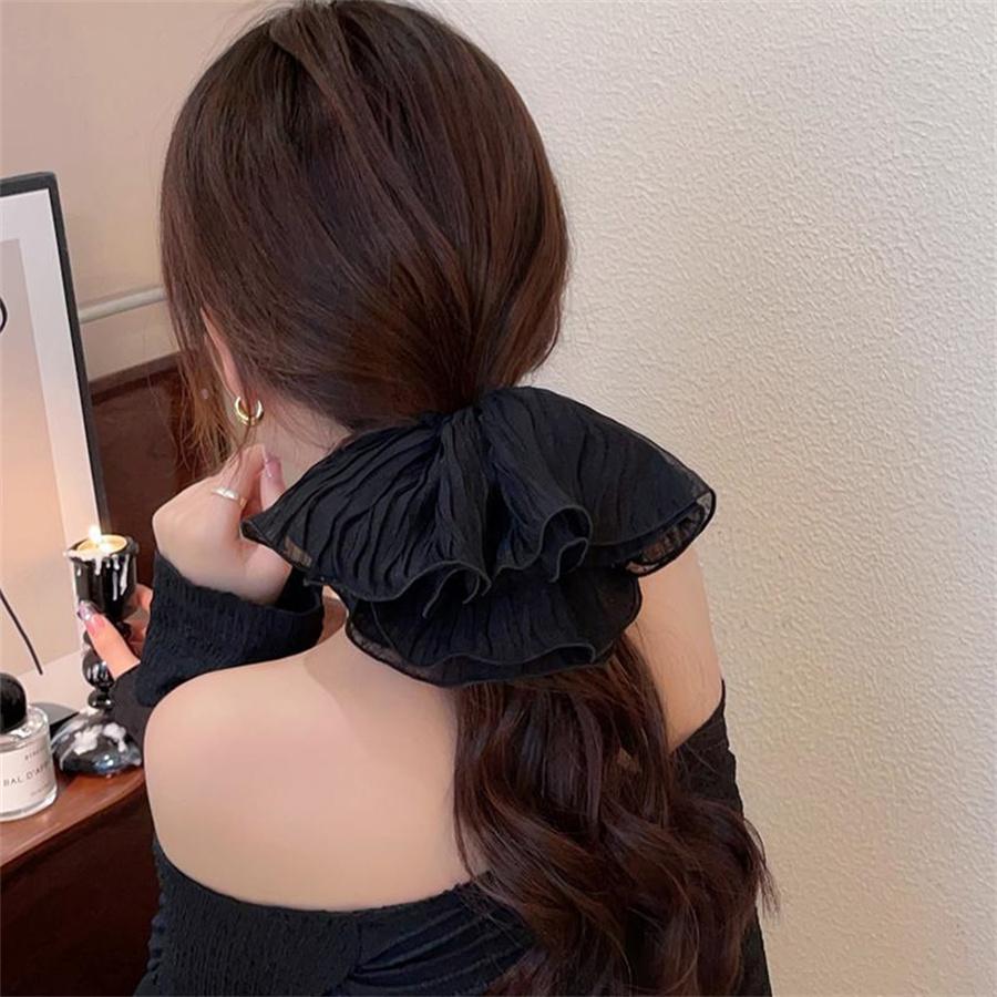 New Fashion High Quality Satin Long Ribbon Wrinkled Hair Ring for Women Girls Bow Ponytail Elastic Hair Band Headdress