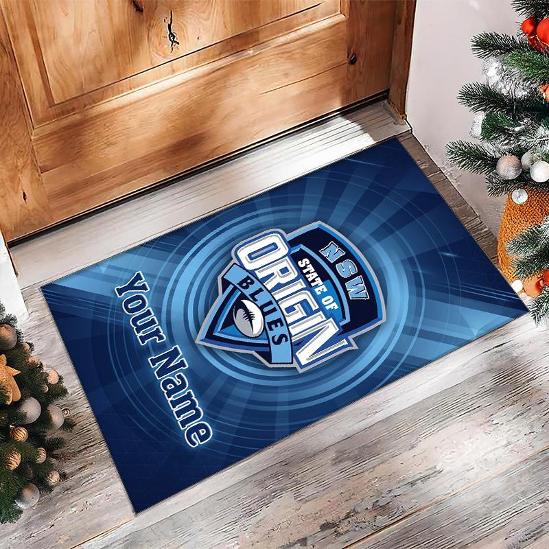 NSW Blues logo Crystal Velvet Rug, Custom Name Text Personalized Non‑Slip Floor Mat for Home Decor Gift