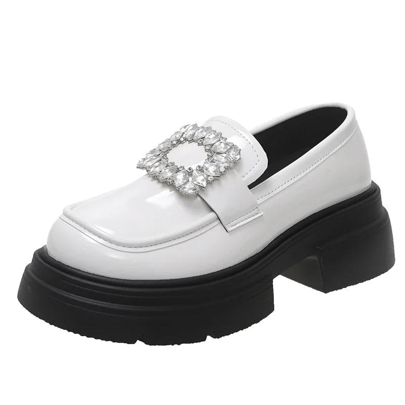 2024 Новые женские туфли-лодочки на толстой подошве, однотонные, со стразами, с квадратной пряжкой, весна-осень, женские туфли без застежек