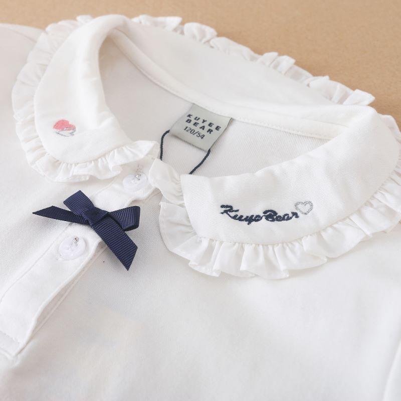 Футболка с длинными рукавами для девочек, детская рубашка-поло, однотонный хлопковый топ с отложным воротником и милым бантом, весенне-осенняя детская милая одежда