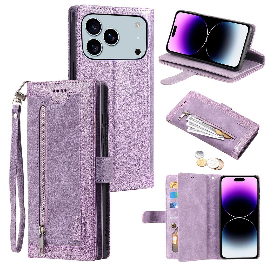 For iPhone 17 Pro Max Case 9 Card Slots Zipper Wallet PU Leather Phone Cover with Wrist Strap