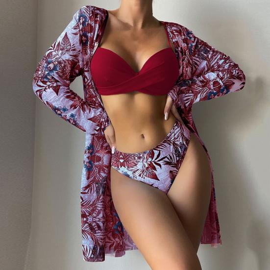 3 шт./компл. Женский комплект бикини с цветочным принтом, раздельный, на бретелях, с подкладкой, купальник-спагетти, сексуальный, с длинным рукавом, EMA