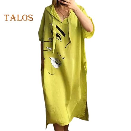 Женское платье с принтом лица, свободное платье с капюшоном и шнурком в богемном стиле с короткими рукавами, городской стиль, пуловер с разрезом по краю и боковым карманом, платье миди длиной до середины икры