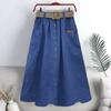 Cotton Midi Skirt With Belt Women Single -Breasted Large Pockets High Waist A -Line Skirt Autumn Summer Korean Fashion Long Skirt