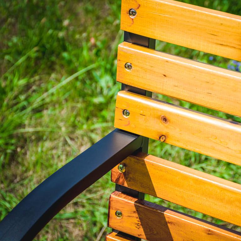 Wooden garden bench, cemetery bench, metal park bench with backrest, large