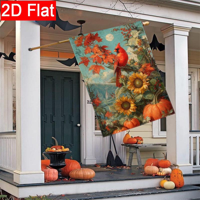 2D Flat - 2D Flat Thanksgiving Welcome Autumn Cardinal Red Bird Pumpkin Garden Flag_3-28X40 Inch Outdoor Garden Flag Double-Sided Home Decoration Cour