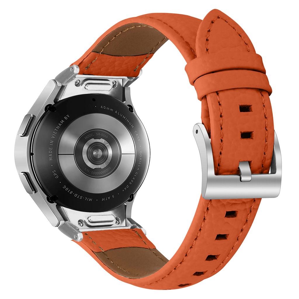 Genuine Cow Leather Strap with Connector for Samsung Galaxy Watch FE 40mm/Watch7/Watch6/Watch 5/Watch4 Litchi Texture Silver Buckle Watch Band