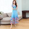 Женское midi-платье А-силуэта с круглым вырезом и короткими рукавами, средней посадки, элегантное, с цветочным принтом, из шифона, для пляжной вечеринки, макси-платье
