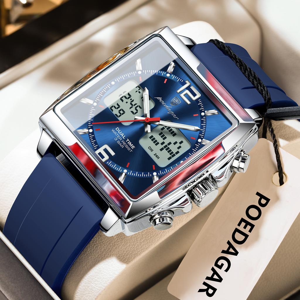 POEDAGAR Luxury Top Man Watch Electronic Square LED Alarm Chronograph Watches Week Date Dual Time Display Quartz Clock