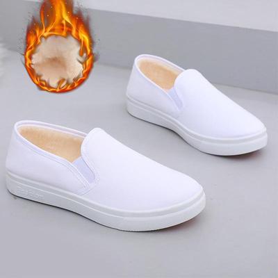 Женские белые парусиновые туфли, осень/зима, с бархатом, толстые, теплые, нескользящие, удобные, повседневные, универсальные.