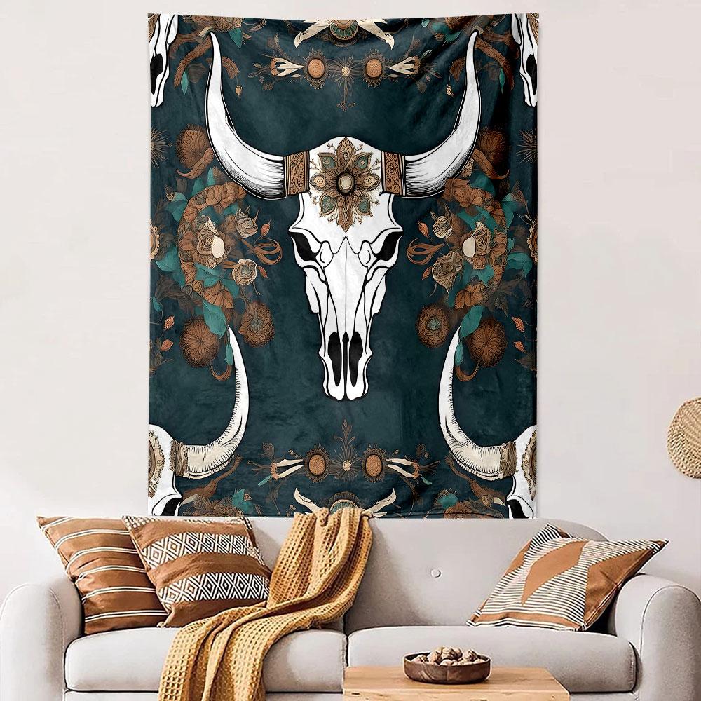 Boho Floral Bull Skull Design Patterned tapestry home decor, suitable for bedroom and living room, gift