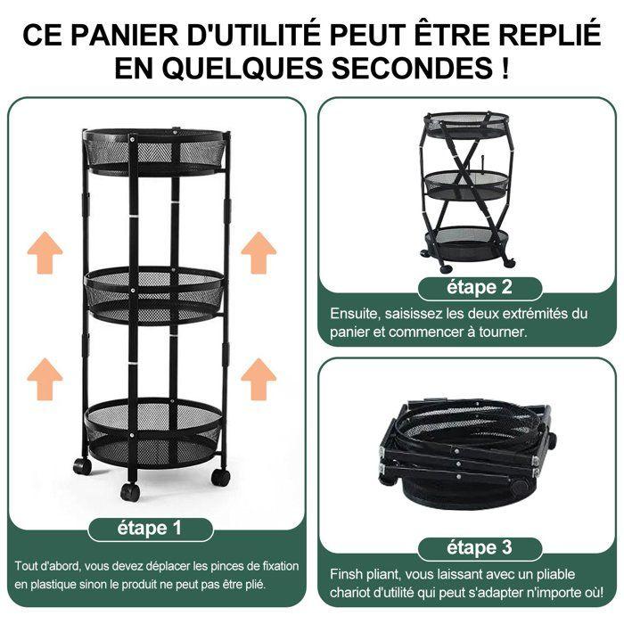 Étagère De Rangement De Cuisine - SEVEN COMFORT - 3 Niveaux - Pliable - 15kg Par Niveau - Noir